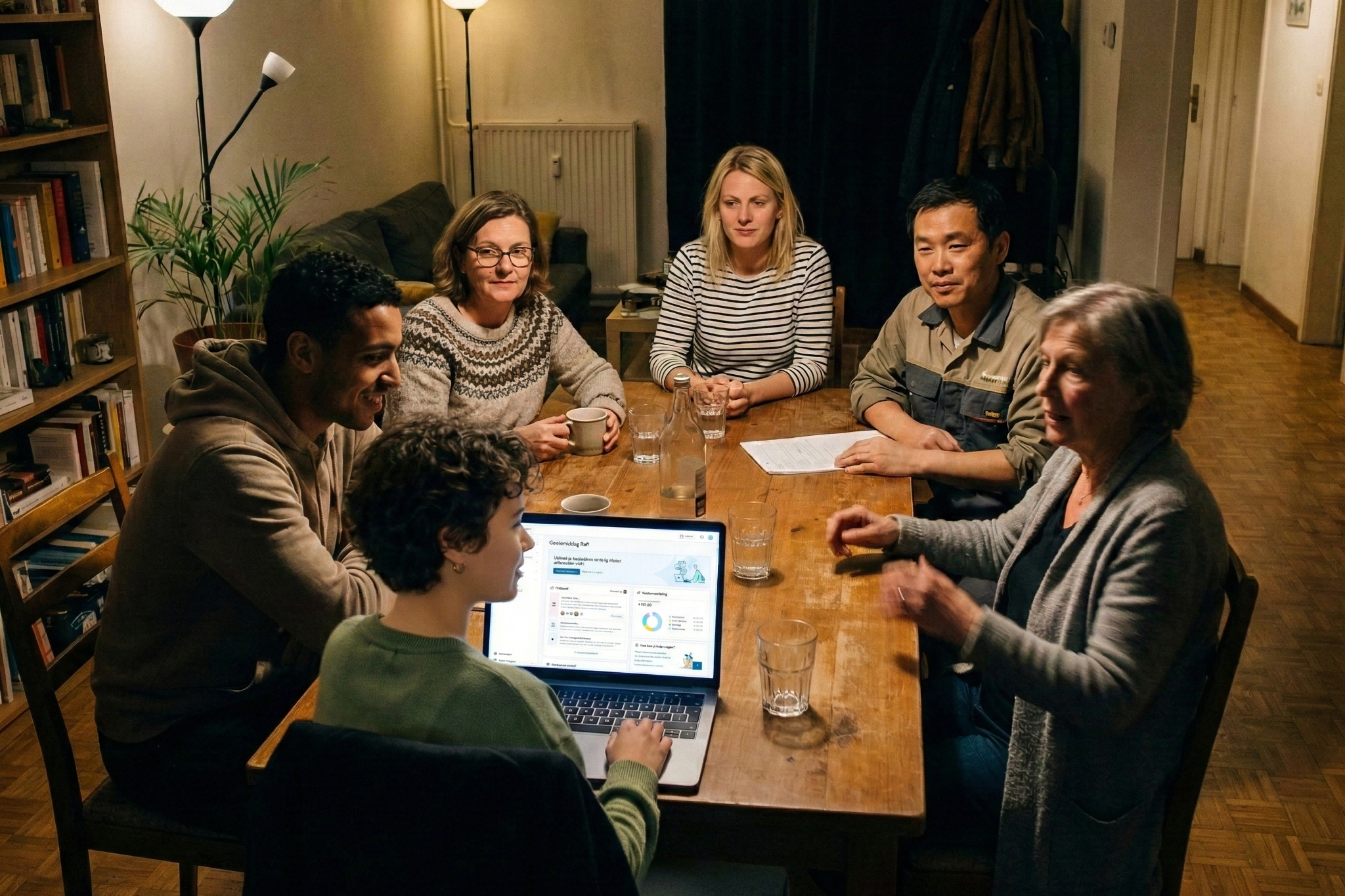 Mede-eigenaars tijdens een algemene vergadering bespreken de taken van de syndicus